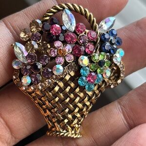 Gold Floral Basket Brooch with Multicolor Crystals